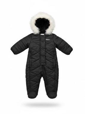 DKNY - NWOT Black Quilted Kids Jacket Snowsuit Bunting Bag with Fur Trim